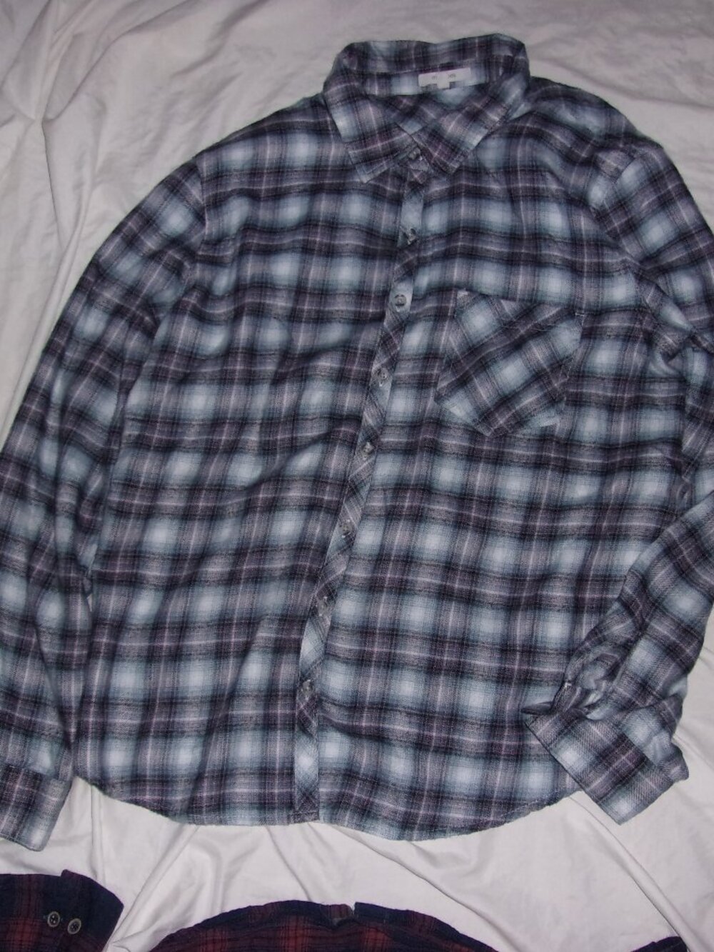 flannel size large womens  blue white plaid shirt button up top gorpcore
